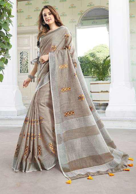 Beige Floral Print Blended Saree Set for Diwali and Festive Wear