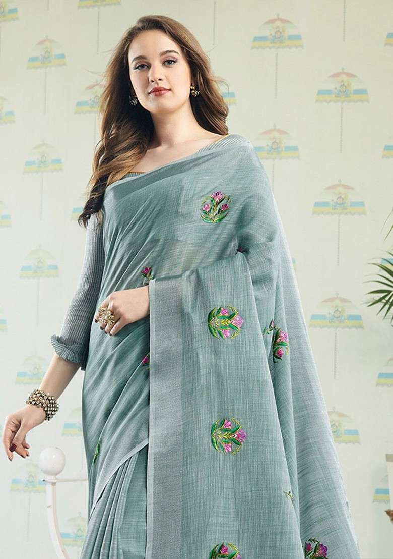 Grey Floral Print Blended Saree Set for Diwali and Festive Wear - Indya