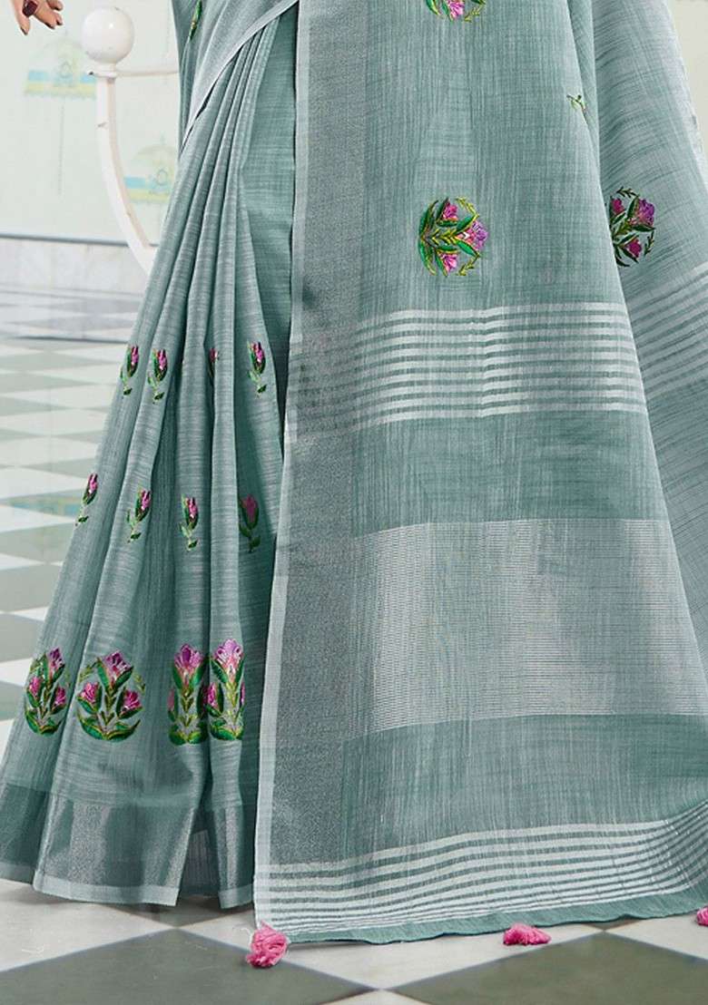 Grey Floral Print Blended Saree Set for Diwali and Festive Wear - Indya
