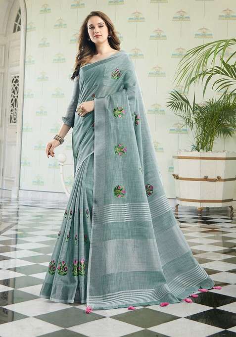 Grey Floral Print Blended Saree Set for Diwali and Festive Wear