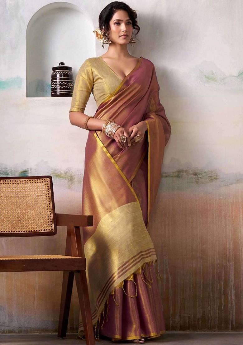Maroon Zari Printed Blended Saree Set - Indya