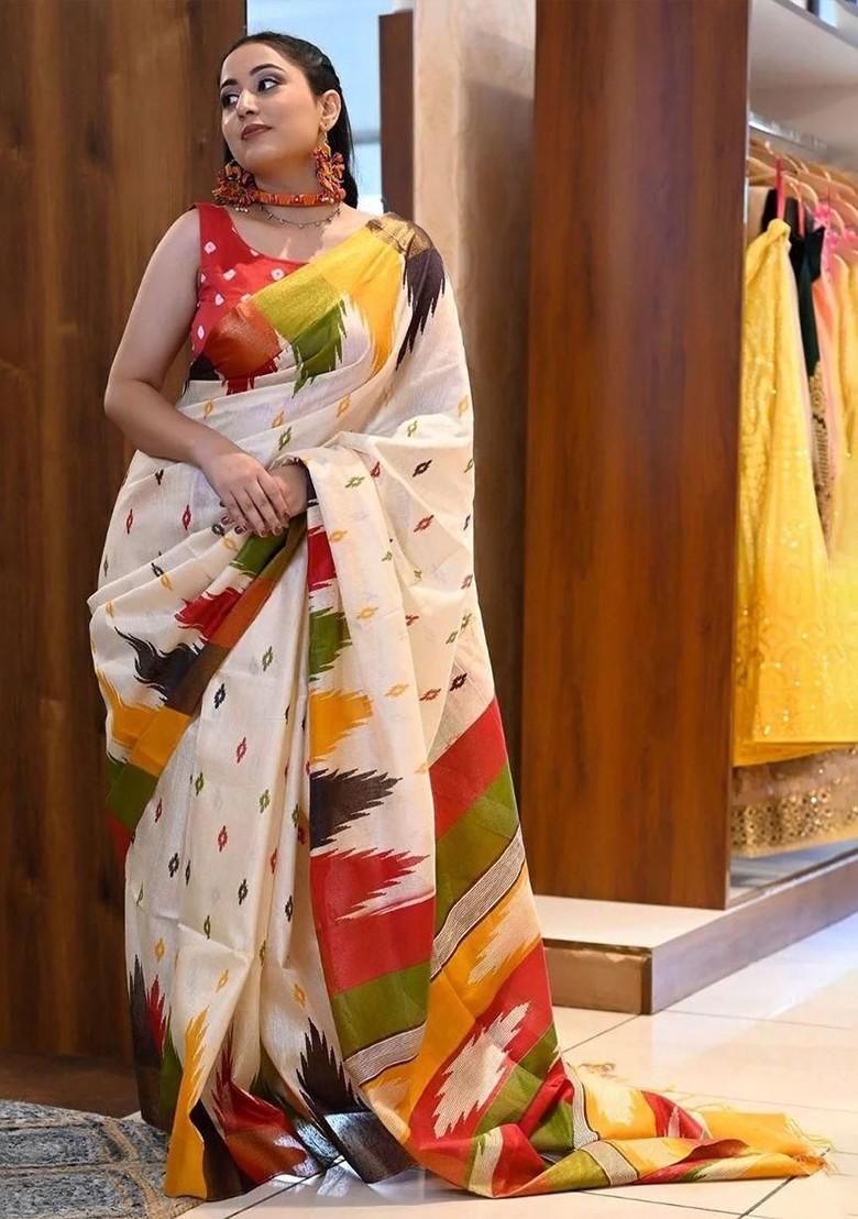 White Printed Blended Saree Set - Indya