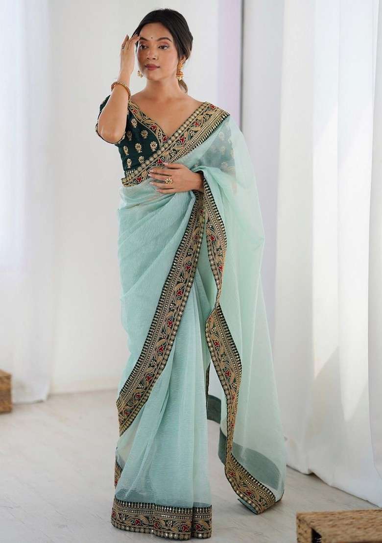 Blue Sequinned Blended Saree Set for Diwali and Festive Wear - Indya