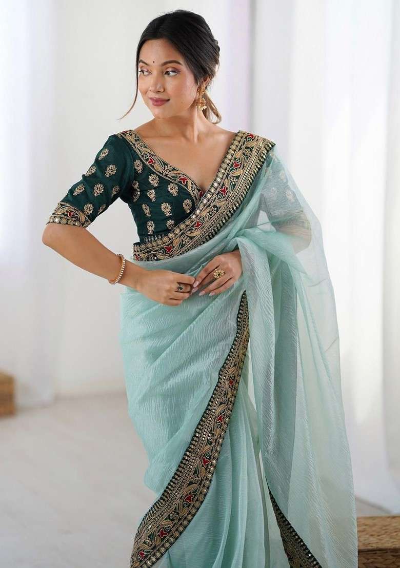 Blue Sequinned Blended Saree Set for Diwali and Festive Wear - Indya