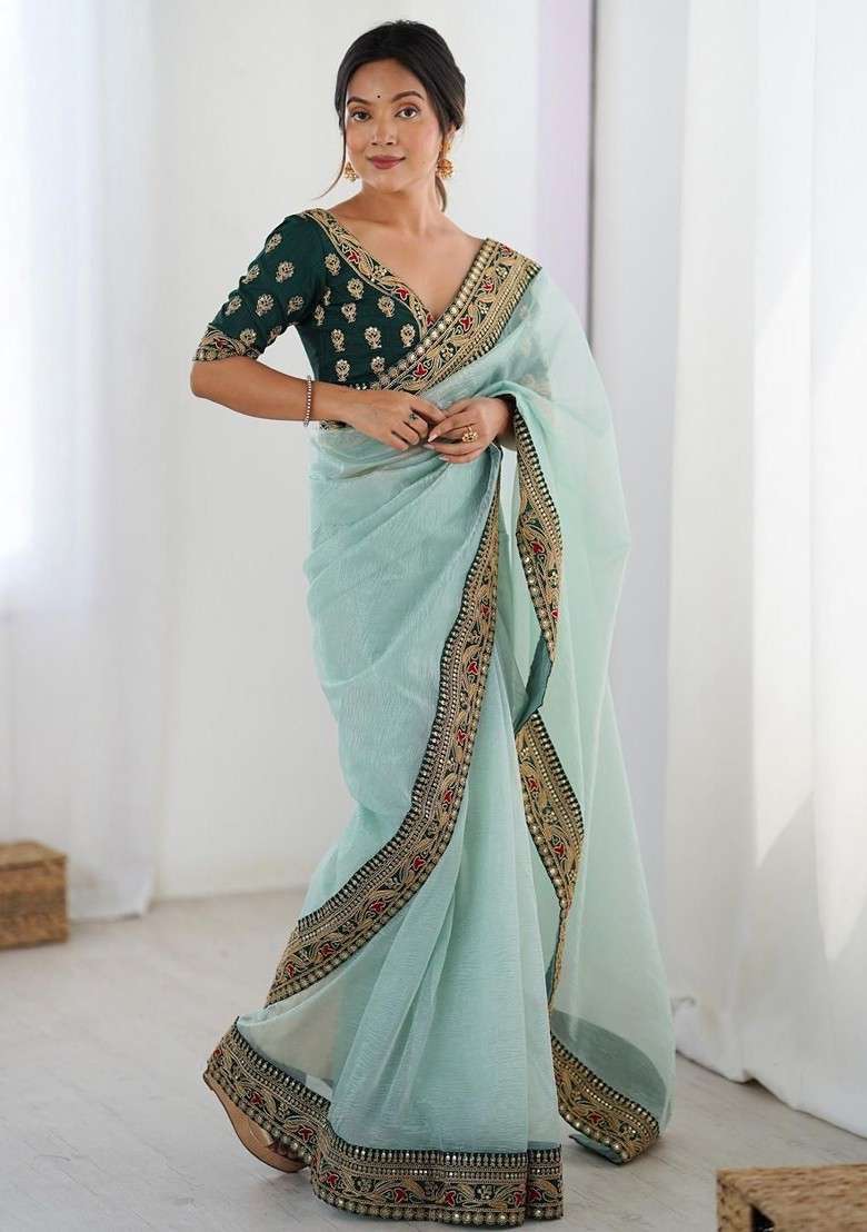 Blue Sequinned Blended Saree Set for Diwali and Festive Wear - Indya