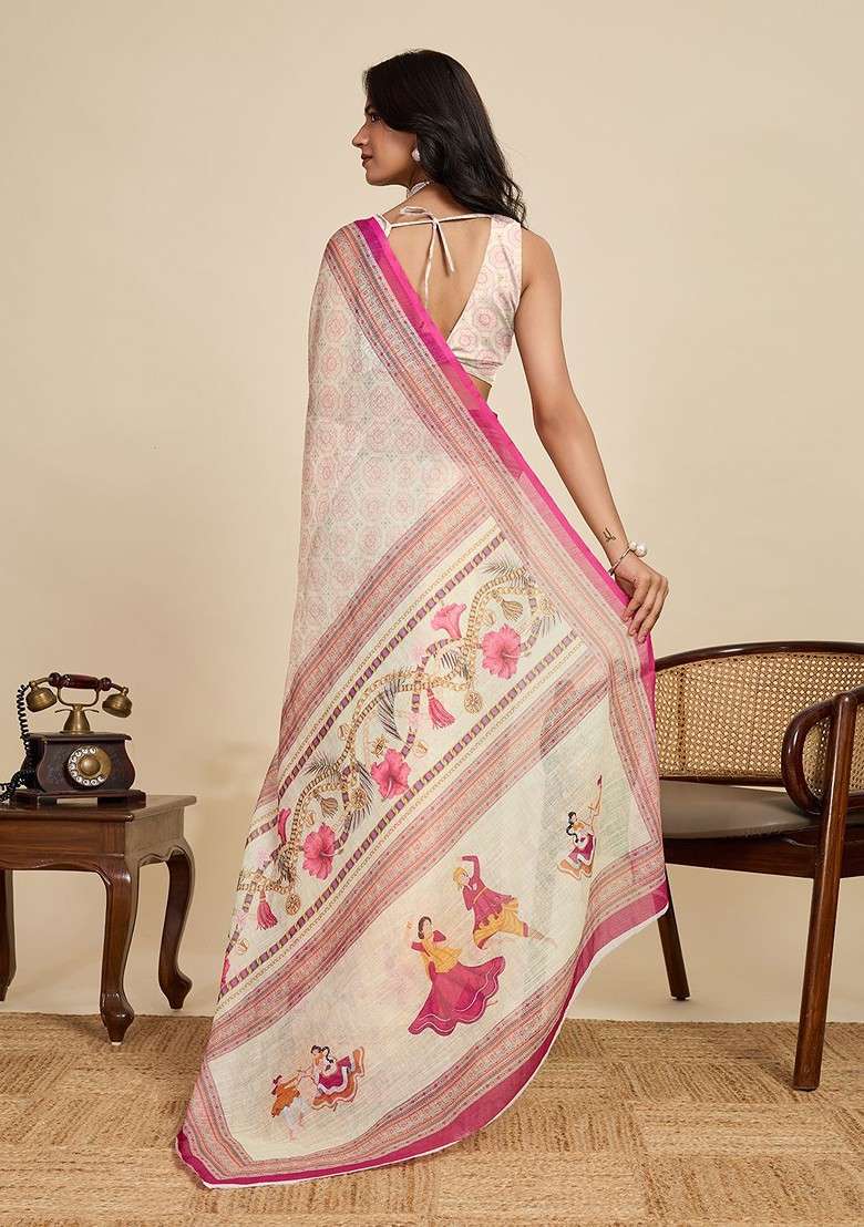 Cream Blended Saree Set with Printed for Diwali | Wedding & Festive Wear - Indya