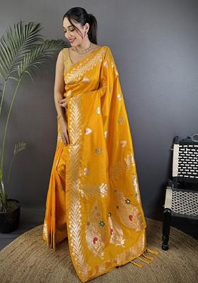 Orange Zari Printed Blended Saree Set