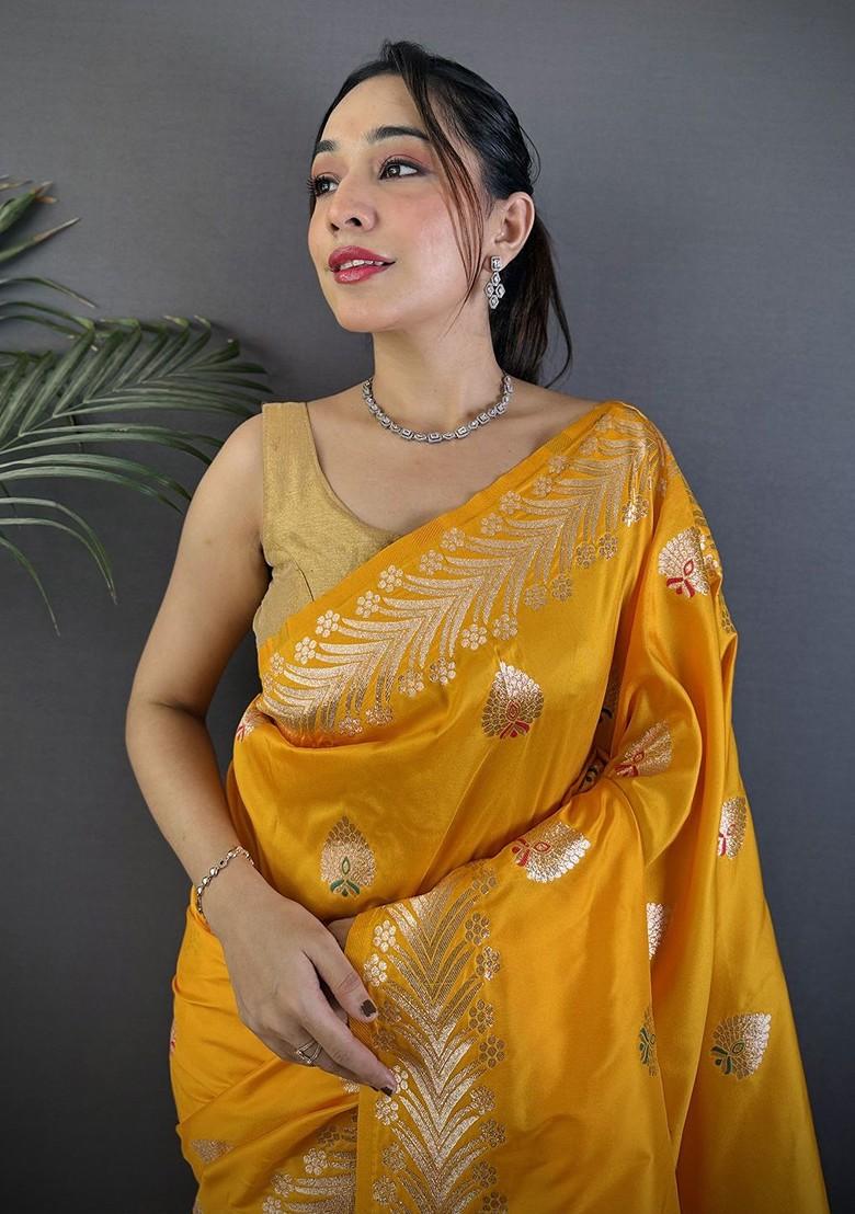 Orange Zari Printed Blended Saree Set - Indya