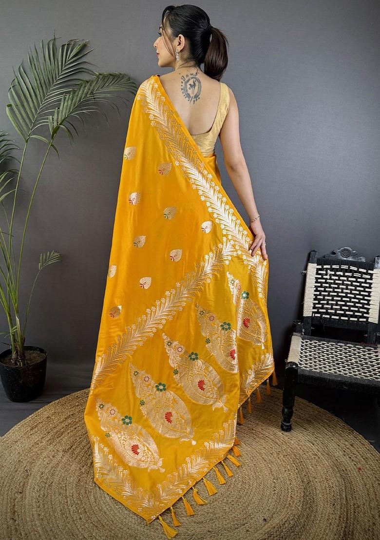Orange Zari Printed Blended Saree Set - Indya