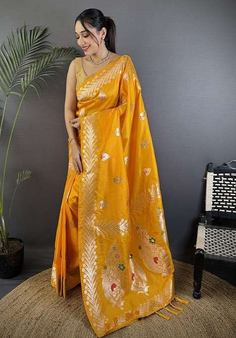 Orange Zari Blended Saree Set with Printed for Diwali | Wedding & Festive Wear