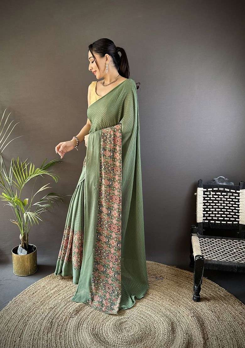 Green Striped Blended Saree Set with Sequinned for Diwali | Wedding & Festive Wear - Indya