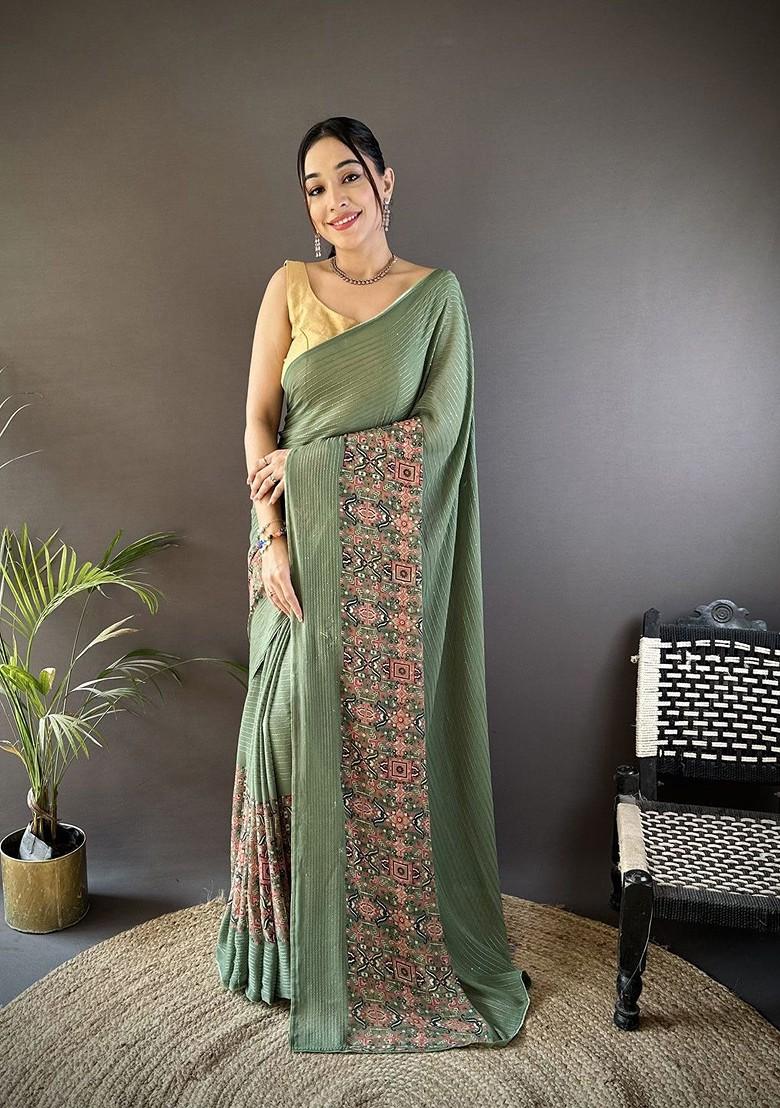 Green Striped Sequinned Blended Saree Set - Indya