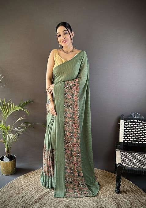 Green Striped Blended Saree Set with Sequinned for Diwali | Wedding & Festive Wear