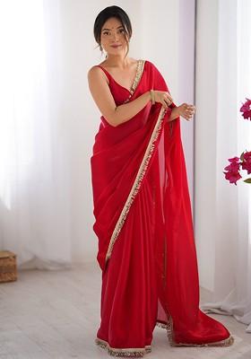 Pink Embroidered Blended Saree Set