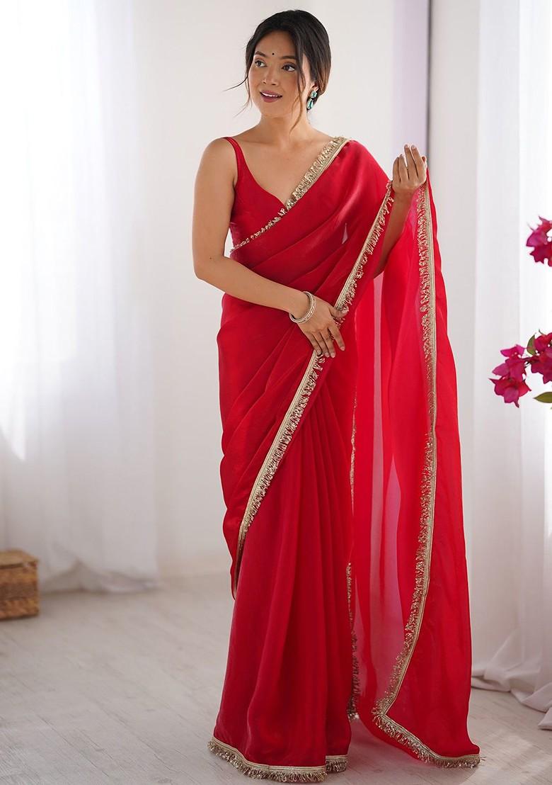 Pink Embroidered Blended Saree Set - Indya