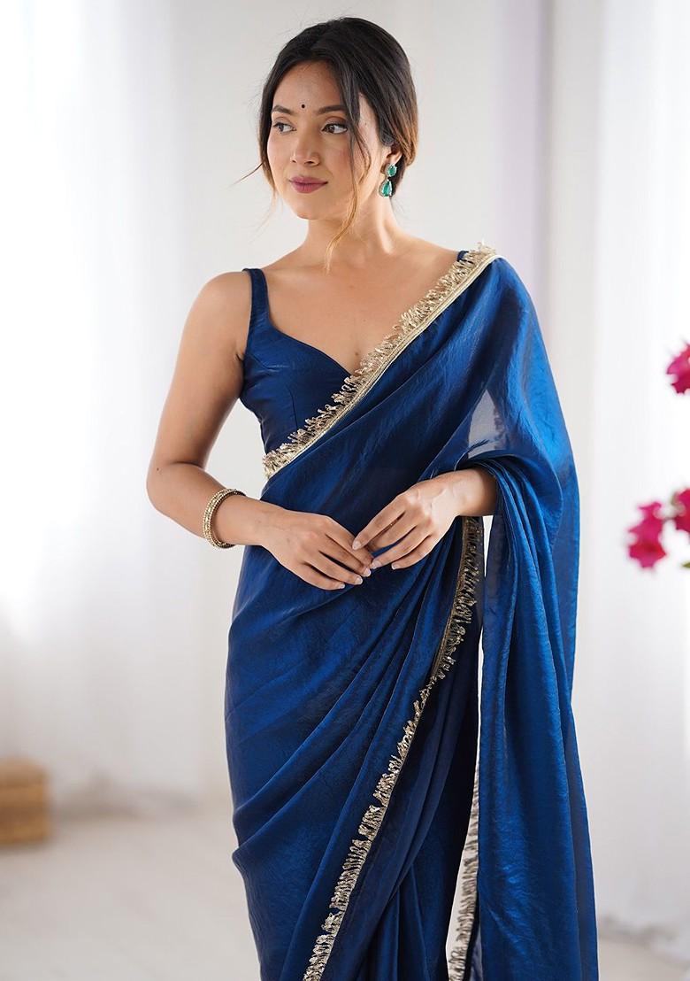 Blue Zari Printed Blended Saree Set - Indya