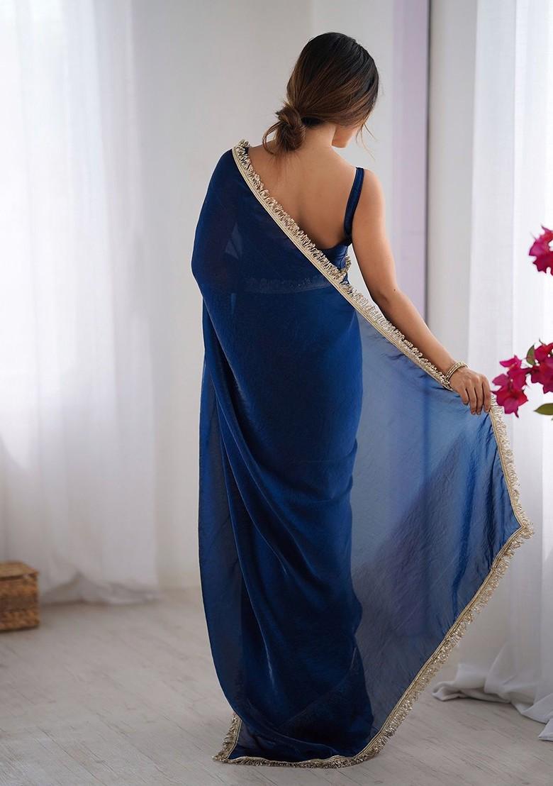 Blue Zari Printed Blended Saree Set - Indya