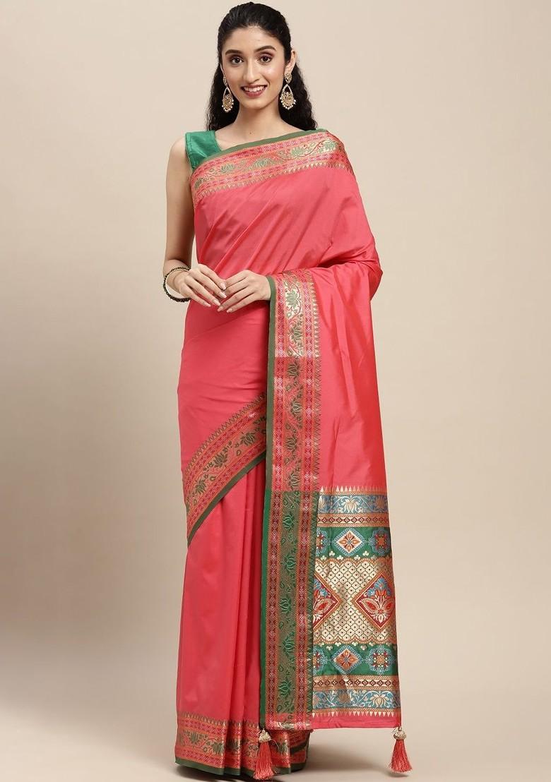 Pink Zari Printed Blended Saree Set