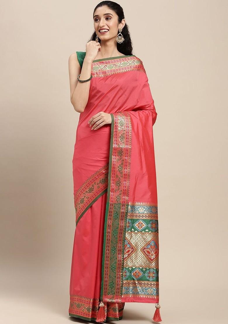 Pink Zari Printed Blended Saree Set