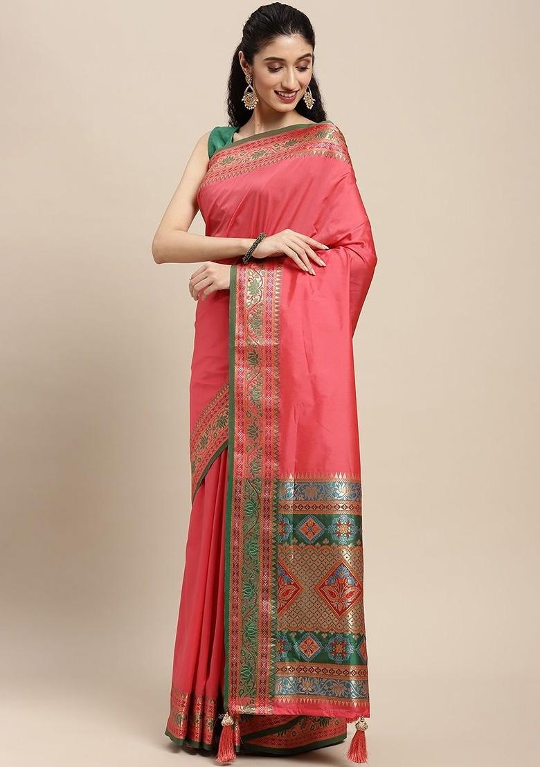 Pink Zari Printed Blended Saree Set
