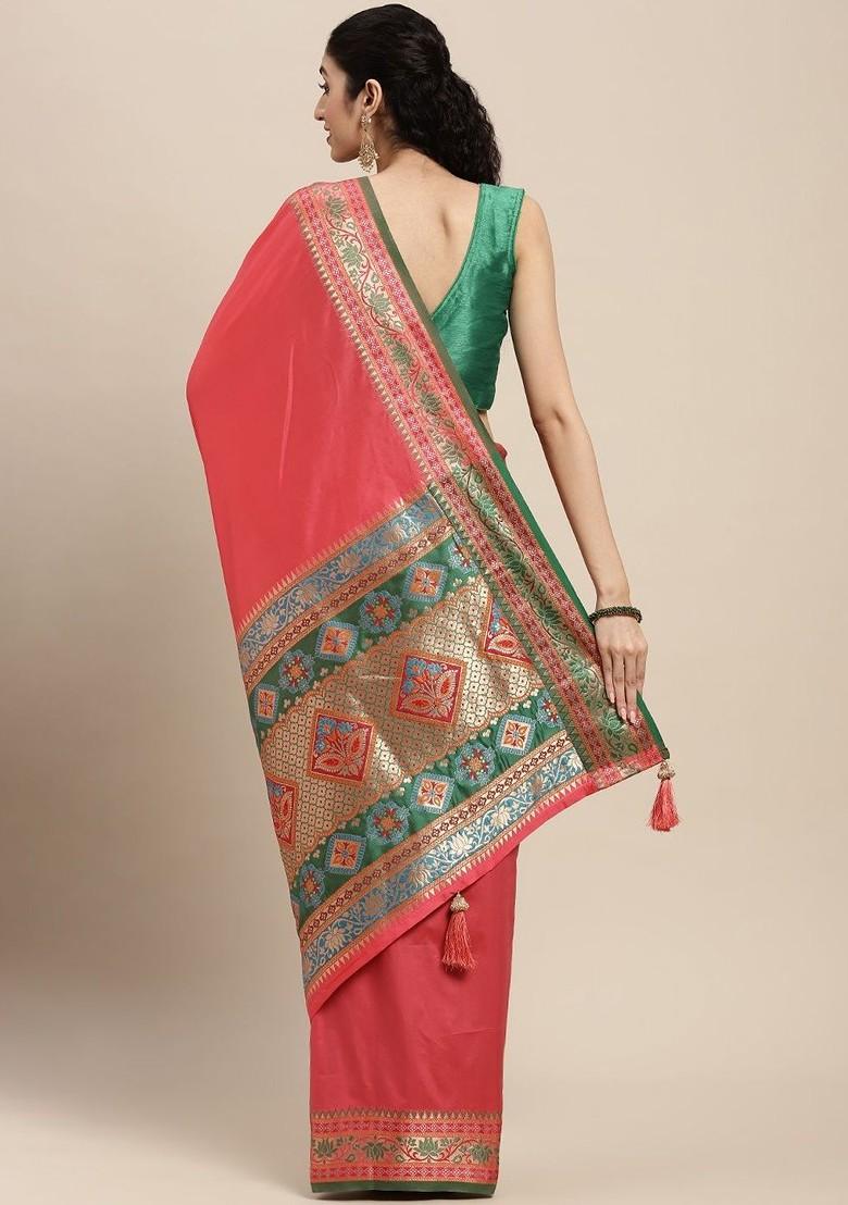 Pink Zari Printed Blended Saree Set