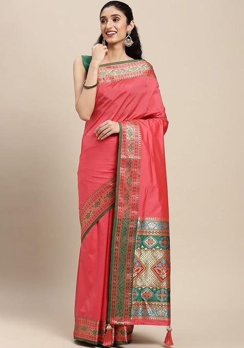 Pink Zari Printed Blended Saree Set