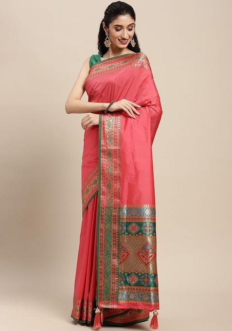 Pink Zari Printed Blended Saree Set