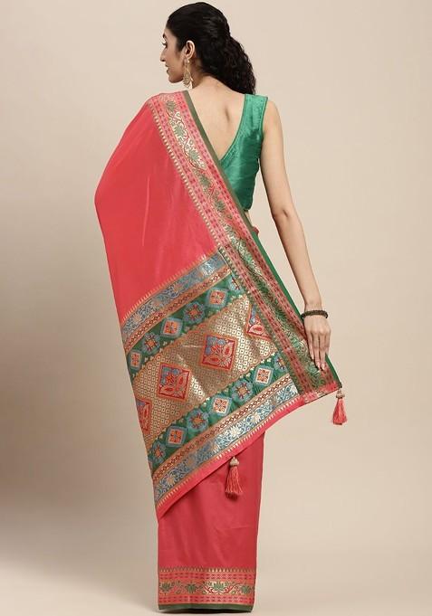 Pink Zari Printed Blended Saree Set