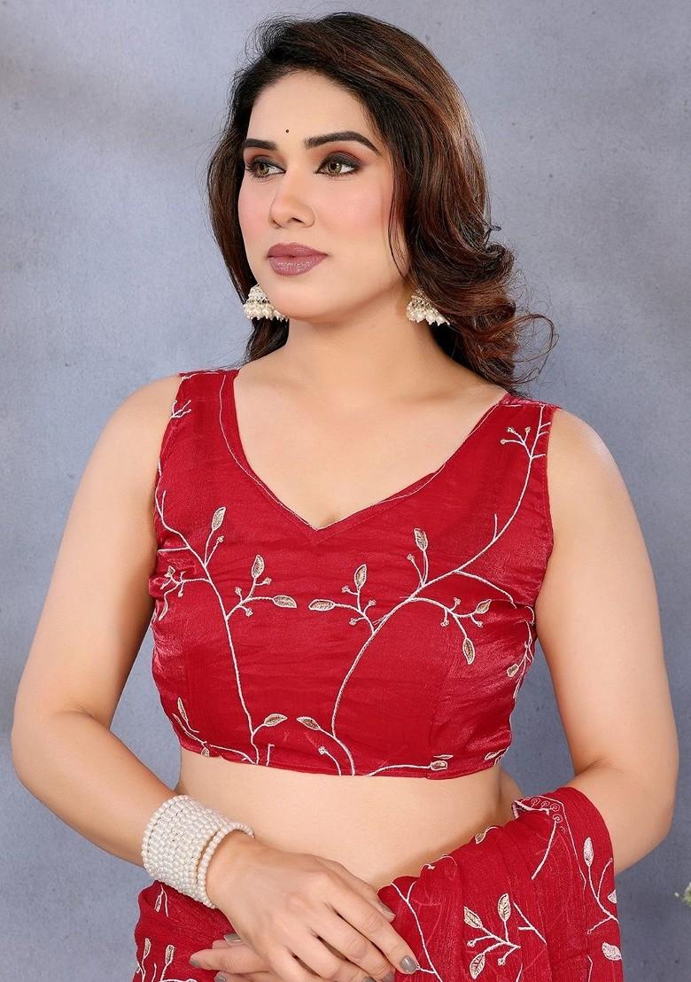 Red Floral Print Blended Saree Set - Indya