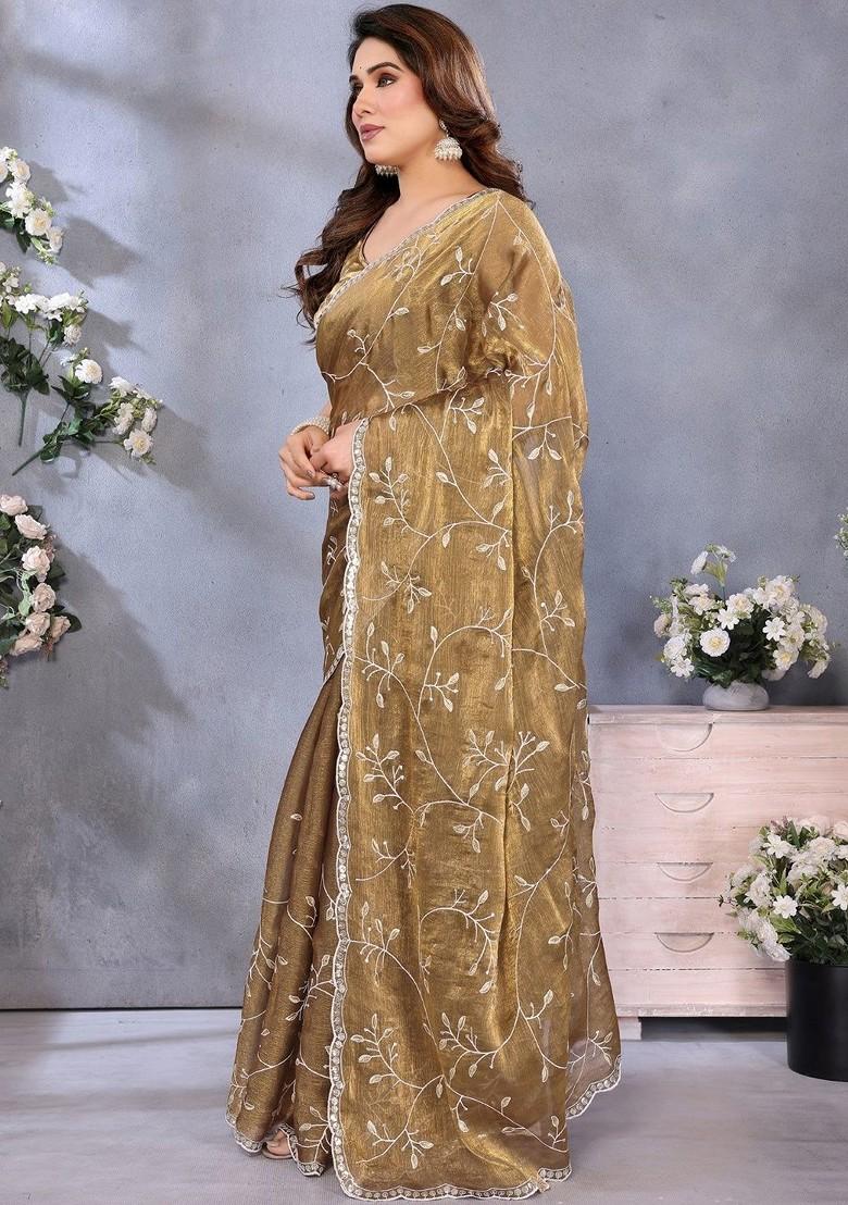 Olive Floral Print Blended Saree Set - Indya
