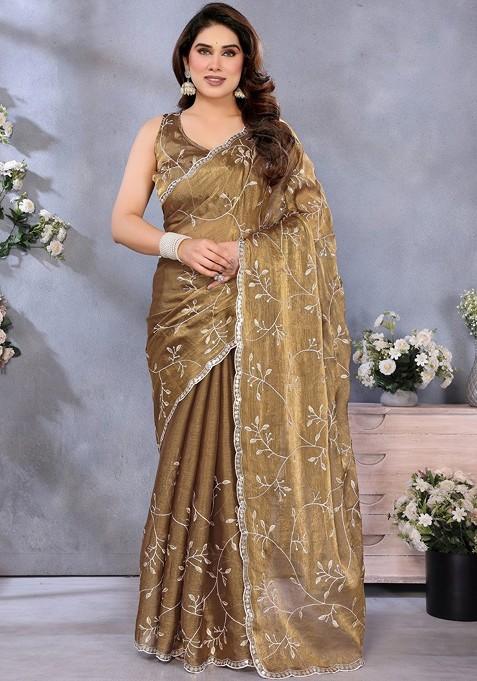 Olive Floral Print Blended Saree Set
