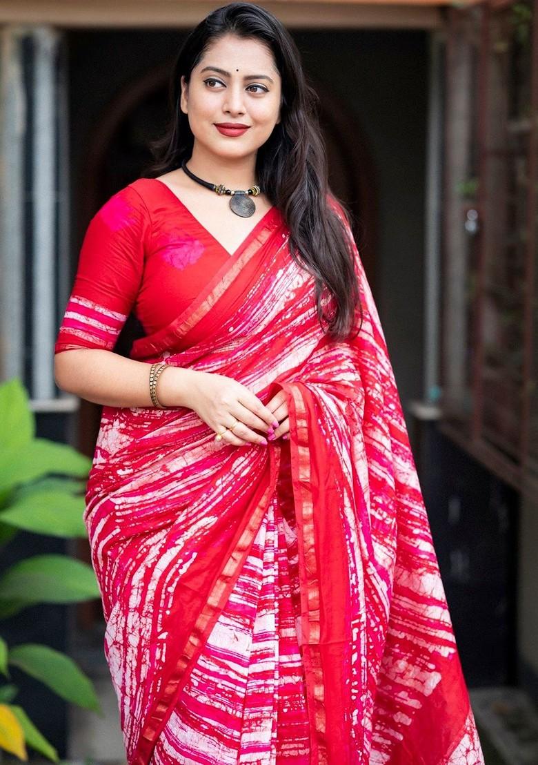 Red Printed Blended Saree Set - Indya