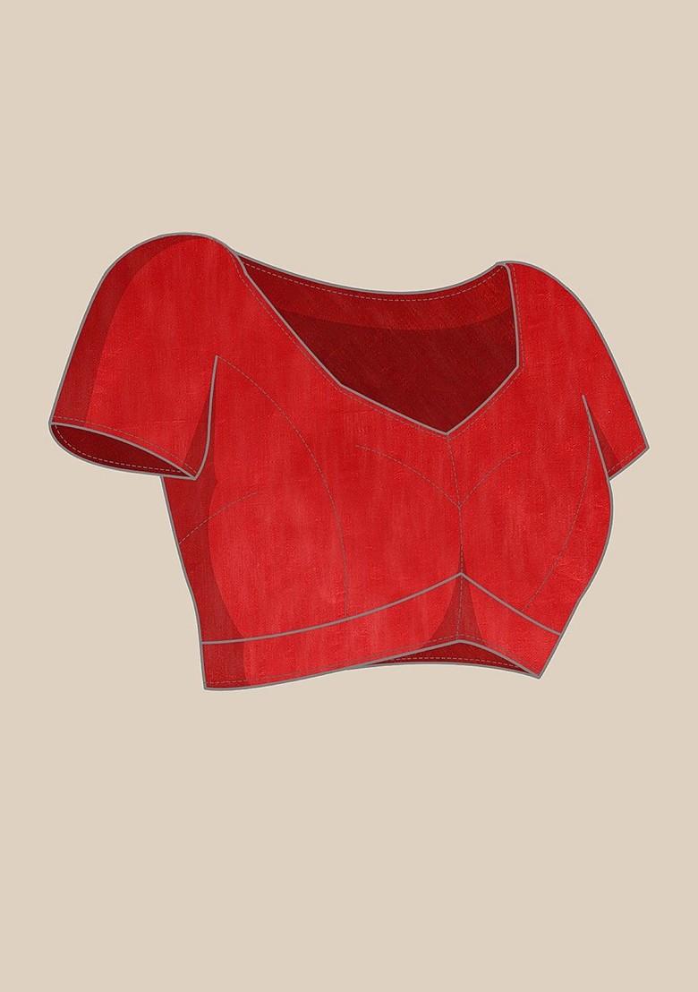 Red Printed Blended Saree Set - Indya