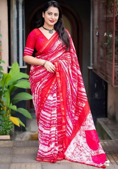 Red Printed Blended Saree Set