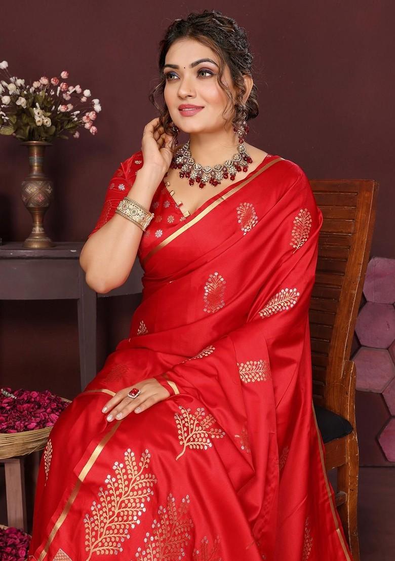 Red Zari Printed Blended Saree Set