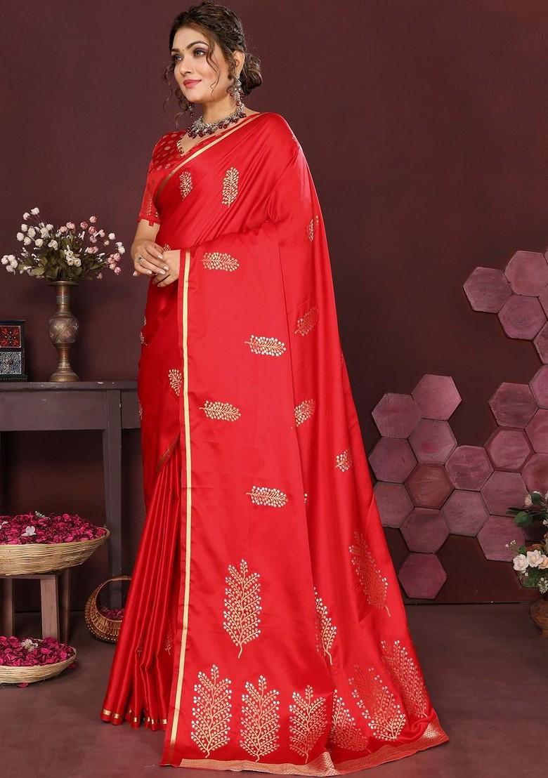 Red Zari Printed Blended Saree Set