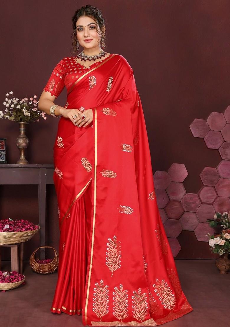 Red Zari Printed Blended Saree Set