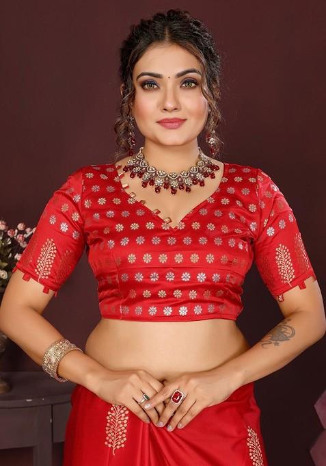 Red Zari Printed Blended Saree Set
