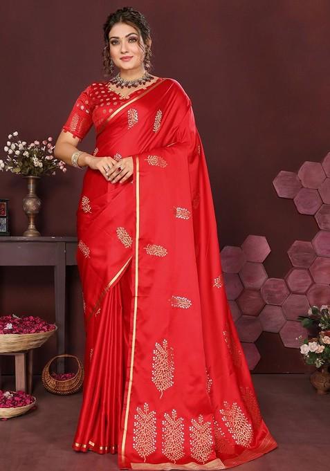 Red Zari Printed Blended Saree Set