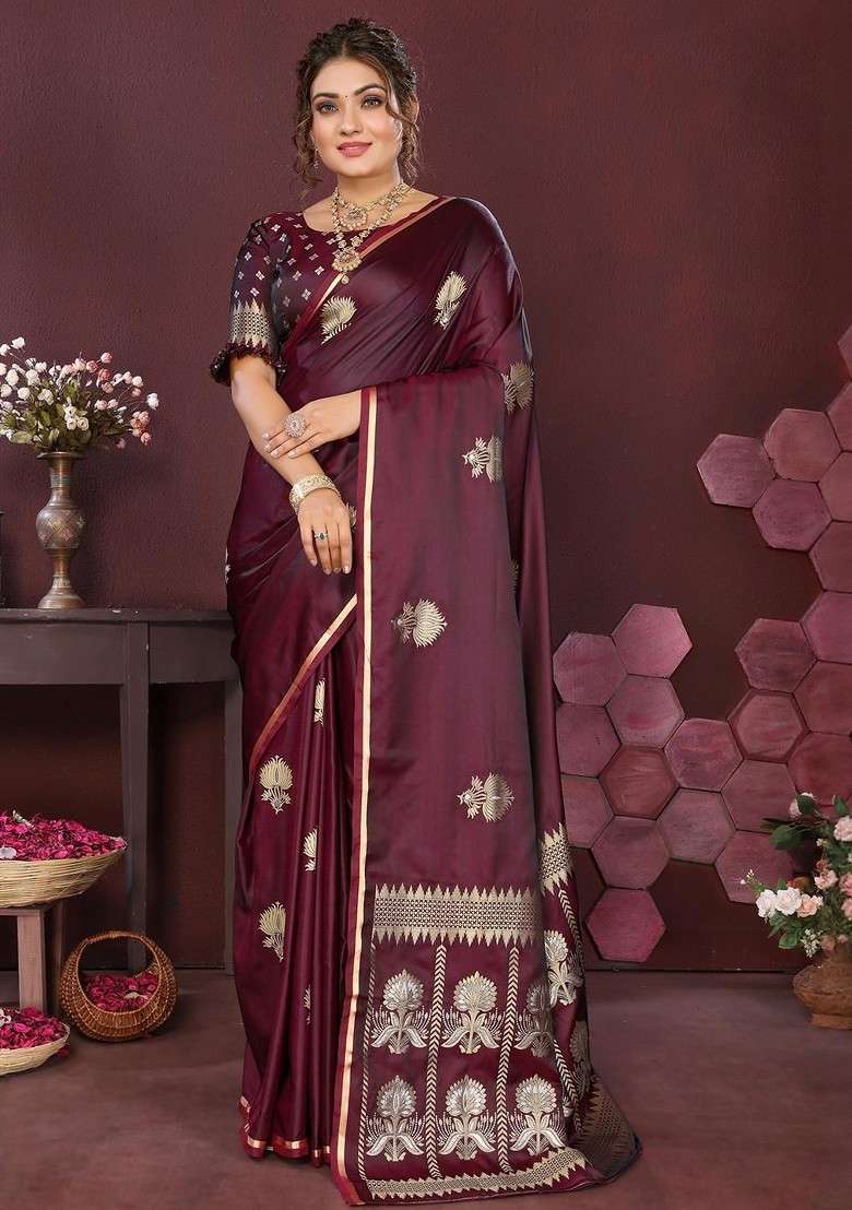 Maroon Zari Printed Blended Saree Set for Diwali and Festive Wear - Indya