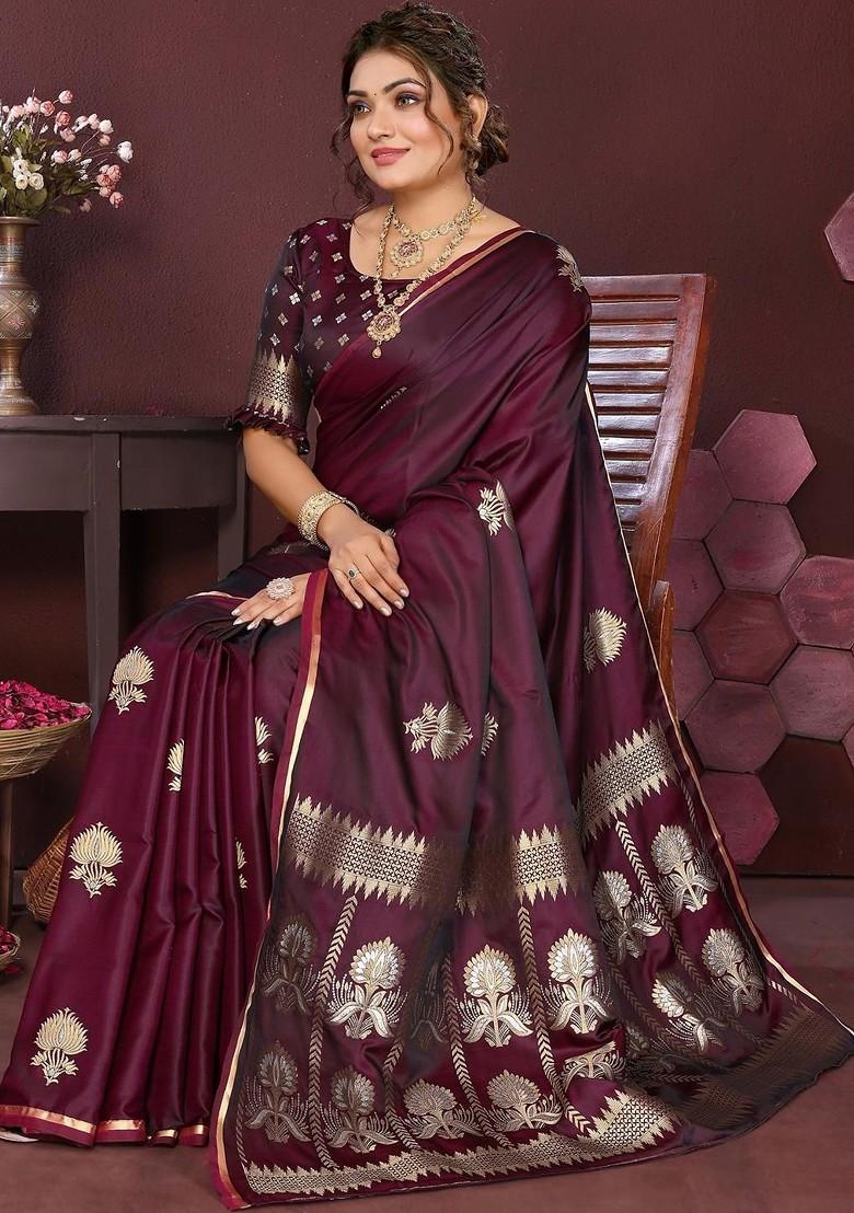 Maroon Zari Printed Blended Saree Set - Indya