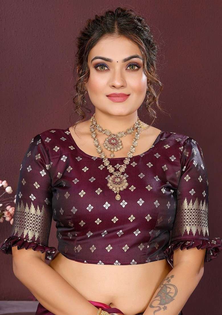 Maroon Zari Printed Blended Saree Set for Diwali and Festive Wear - Indya