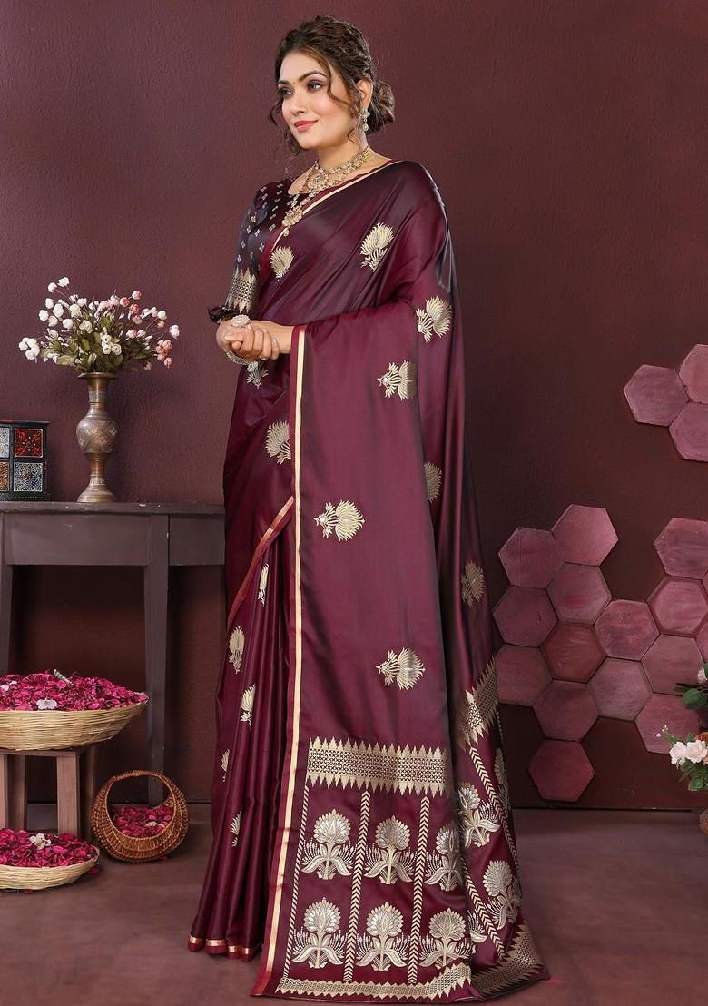 Maroon Zari Printed Blended Saree Set - Indya