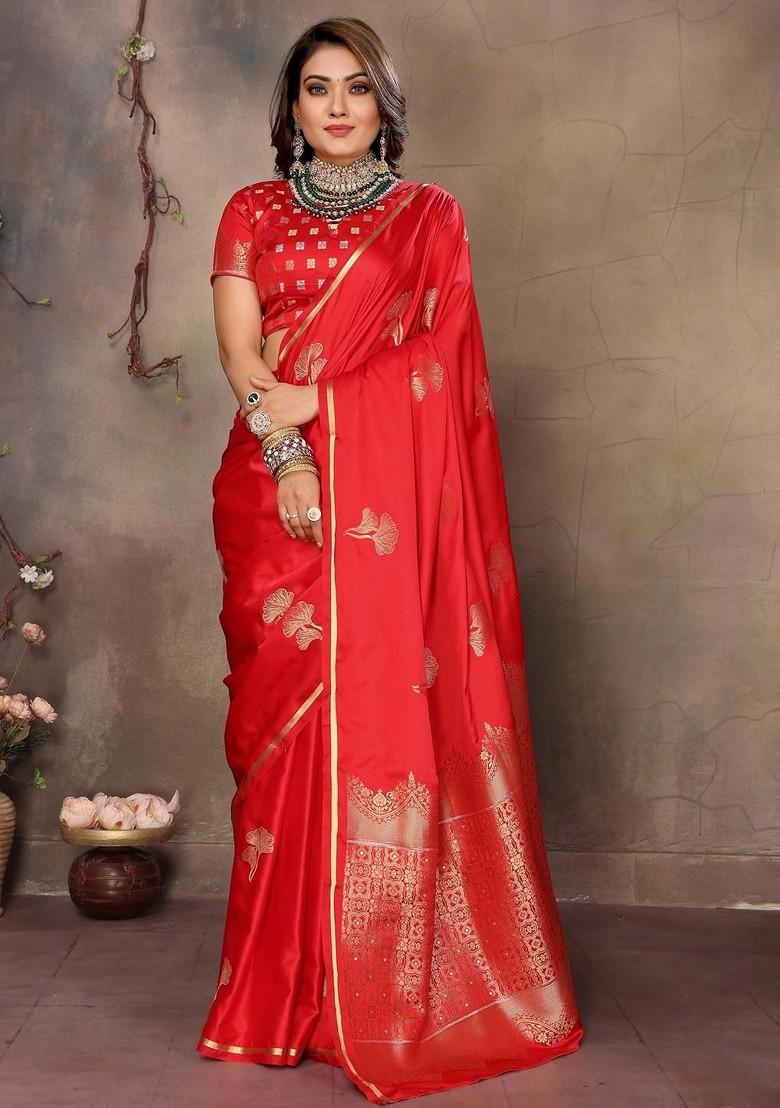 Red Zari Printed Blended Saree Set