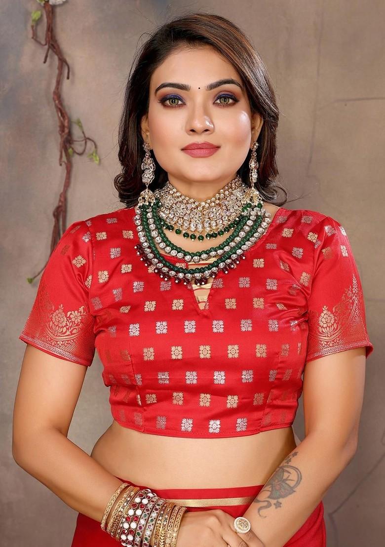 Red Zari Printed Blended Saree Set