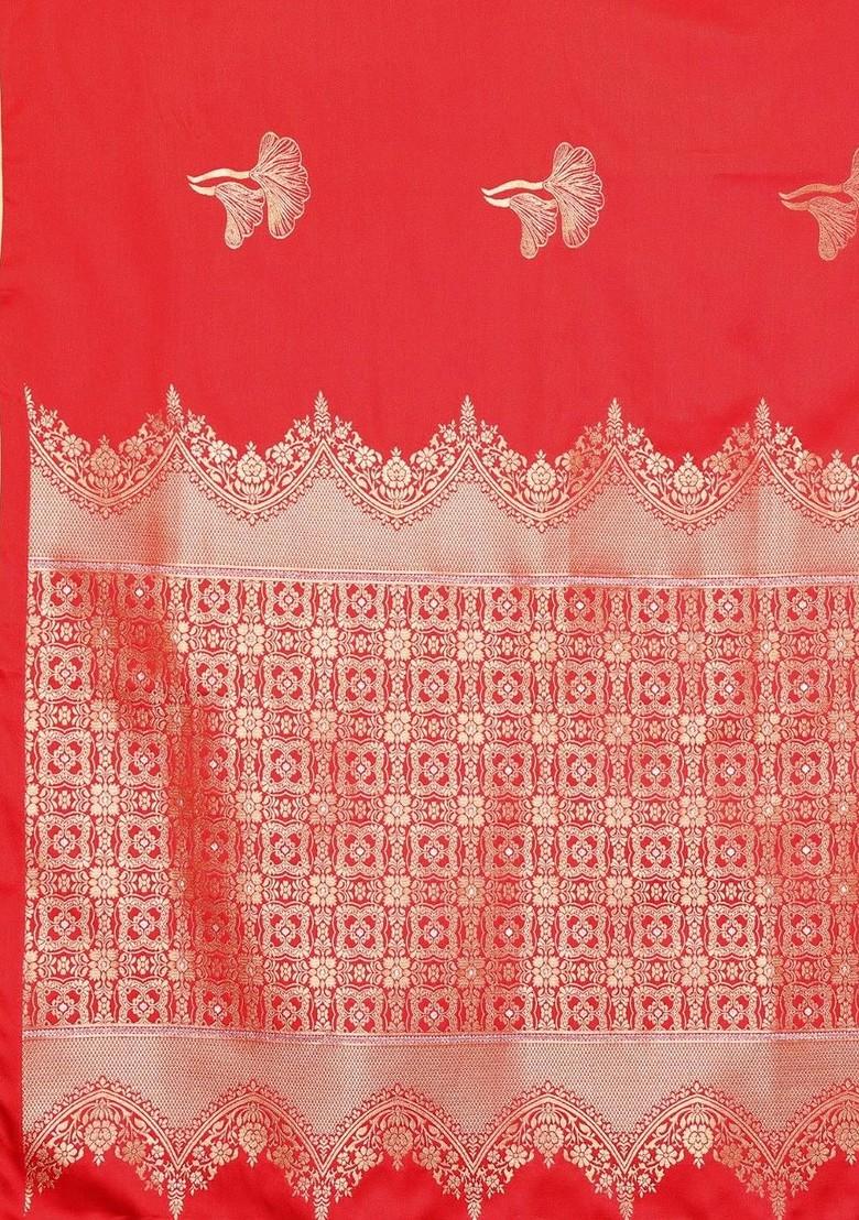 Red Zari Printed Blended Saree Set