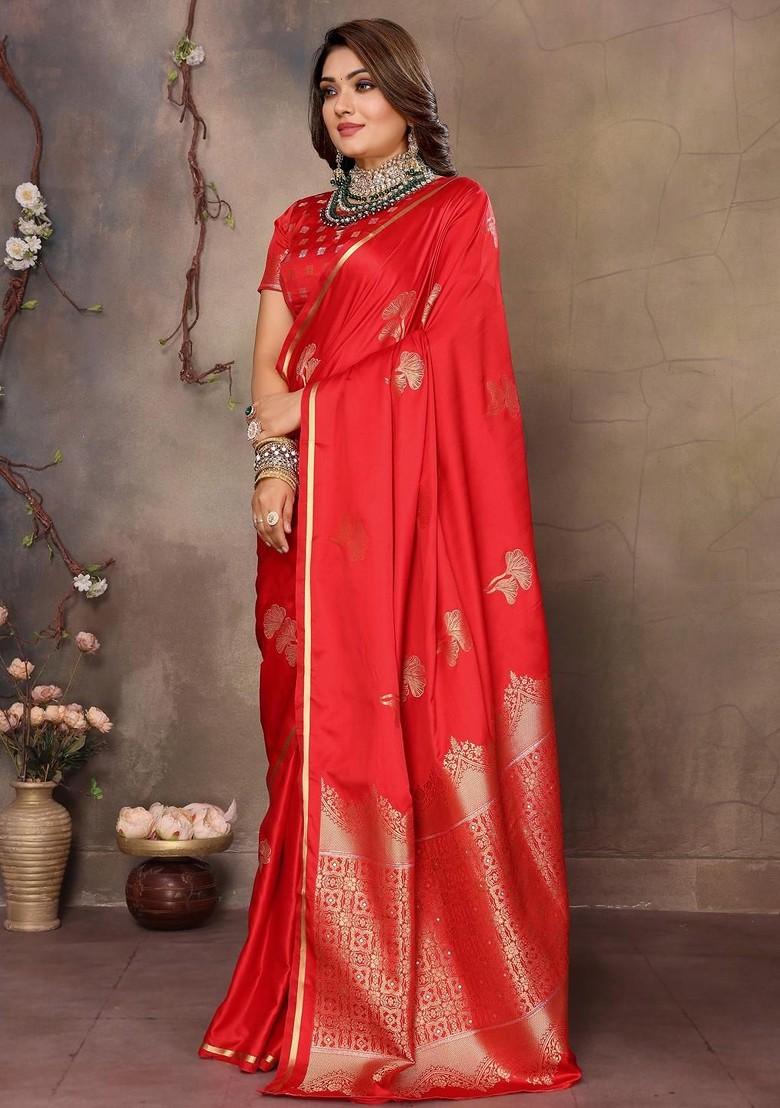 Red Zari Printed Blended Saree Set