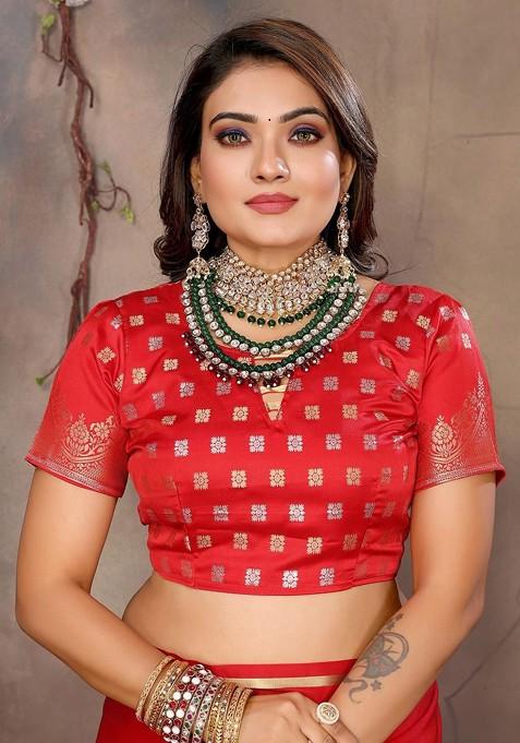 Red Zari Printed Blended Saree Set