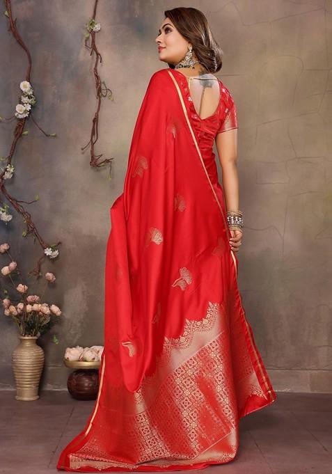 Red Zari Printed Blended Saree Set