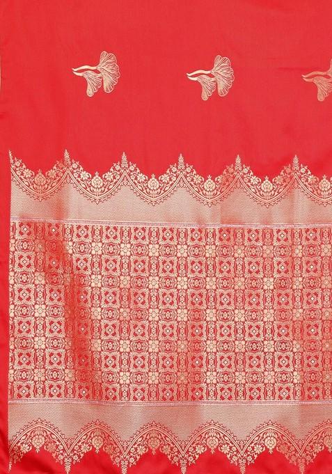 Red Zari Printed Blended Saree Set
